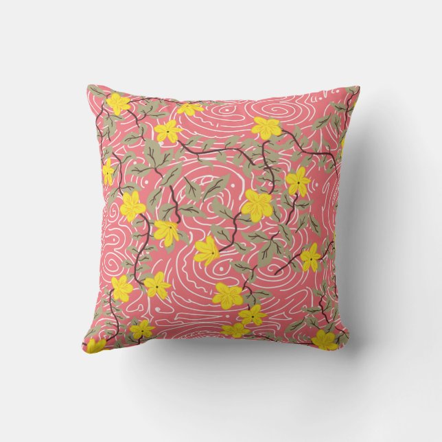 Cojín Decorativo Flor jazmín amarilla en rosa coral (Reverso)