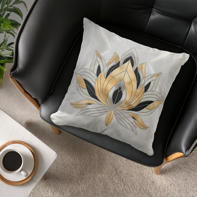 Cojín Decorativo Flor Lotus - Negro, Perla y Oro (Subido por el creador)