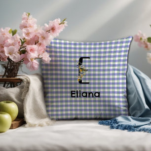 Cojín Decorativo Flor monograma retro gingham azul verde 