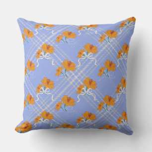 Cojín Decorativo Flor Naranja suave sin foco en azul plaid