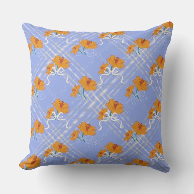 Cojín Decorativo Flor Naranja suave sin foco en azul plaid (Anverso)