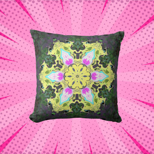 Cojín Decorativo Flor psicodélica caleidoscópica amarillo y rosa