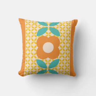 Cojín Decorativo Flor Retro, Patrón Geo Naranja, Verde Acuático, Ro