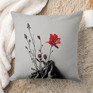 Cojín Decorativo Flor Roja Arte Gris
