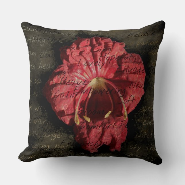 Cojín Decorativo Flor Roja sobre Texto Grunge (Anverso)