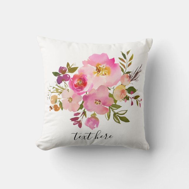 Cojín Decorativo flor rosa floral, dulce, romántica acuarela (Anverso)