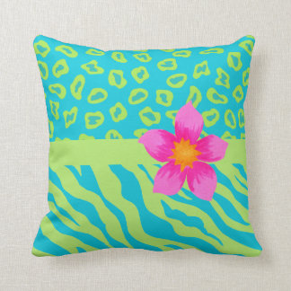 Cojín Decorativo Flor rosa Lime Green y Turquesa Cebra y Cheetah