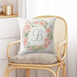 Cojín Decorativo Flor rosa pastel monogramada