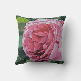 Cojín Decorativo Flor rosada de peonía con hojas verdes, cuadrado