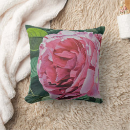 Cojín Decorativo Flor rosada de peonía con hojas verdes, espalda só