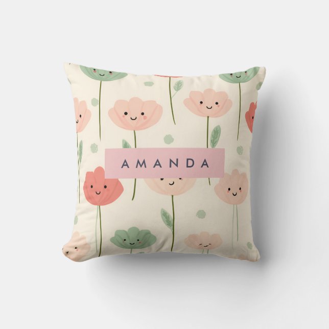 Cojín Decorativo Flor sonriente personalizada Cute Kawaii Pastel (Anverso)