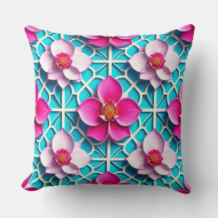Cojín Decorativo Flor Turquesa Geométrico Rosa