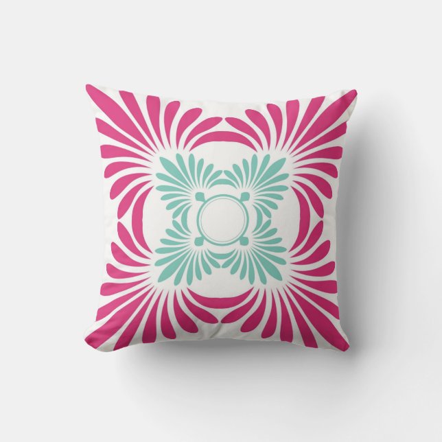 Cojín Decorativo Flor Verde Rosa Y Mint Reversibles Fuschia (Anverso)