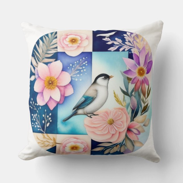 Cojín Decorativo Flor y Pájaro  (Anverso)