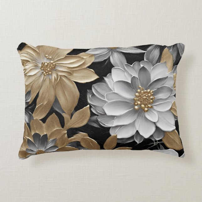 Cojín Decorativo Flora plateada de oro negro (Anverso)
