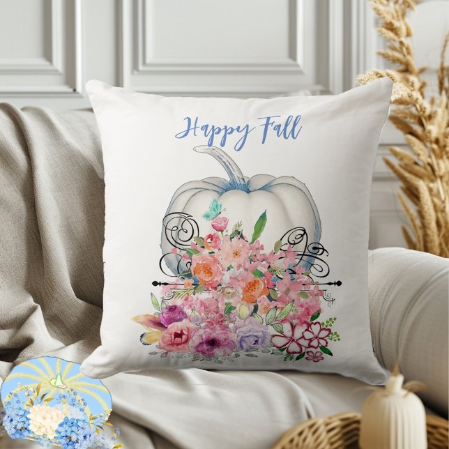 Cojín Decorativo Flora rosa de calabaza blanca otoño (Happy Fall White Pumpkin Watercolor Pink Flora Throw Pillow)