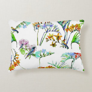 Cojín Decorativo Flora tropical fauna pájaro y flor blanco