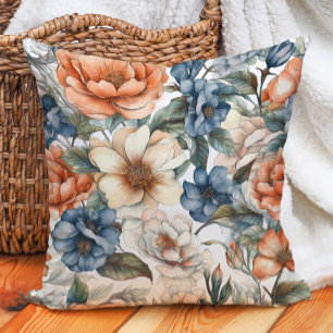 Cojín Decorativo Floral Acuarela Azul Polvoriento Crema Naranja Que