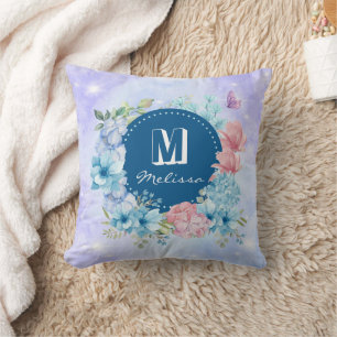 Cojín Decorativo Floral Acuarela Azul Púrpura Moderno Brillante