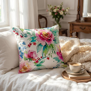 Cojín Decorativo Floral Acuarela Elegante – Rosas Rosadas Sin Costu