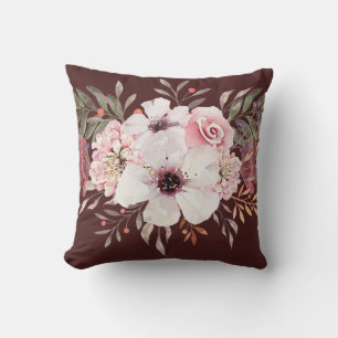 Cojín Decorativo Floral Acuarela Moderna Rosa Burdeos