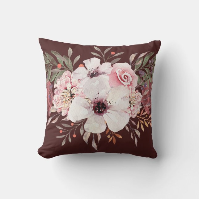 Cojín Decorativo Floral Acuarela Moderna Rosa Burdeos (Anverso)