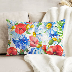 Cojín Decorativo Floral Acuarela Verano Azul Rojo Amarillo