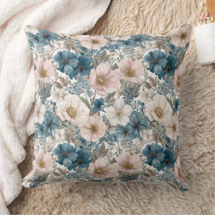Cojín Decorativo Floral Acuarela Vintage Azul Rosa