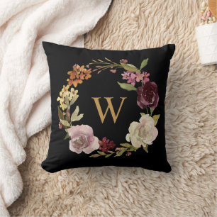 Cojín Decorativo Floral acuarela Wreath Monograma Negro