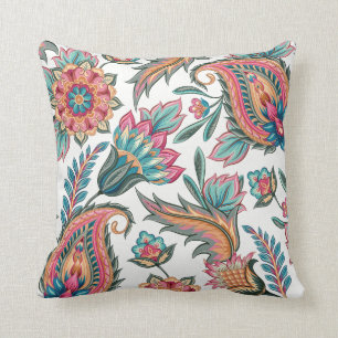 Cojín decorativo floral anaranjado rosado verde