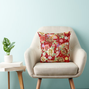 Cojín Decorativo Floral Asiático sobre Rojo