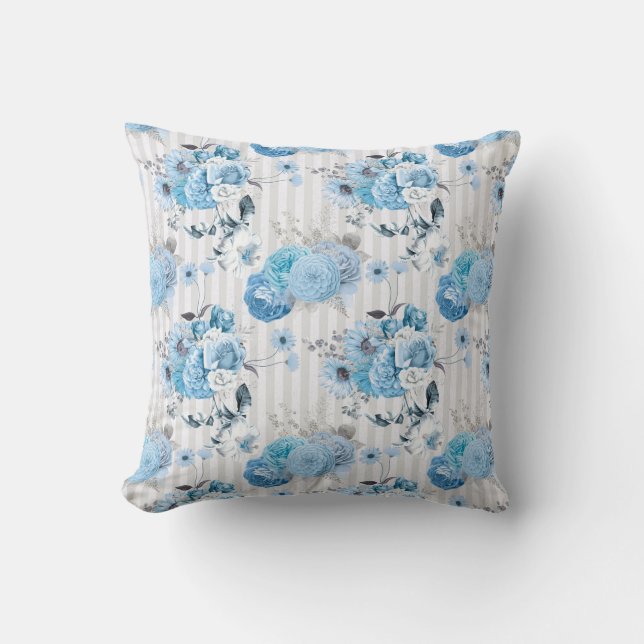 Cojín Decorativo Floral azul acuático con franjas grises pálidas (Anverso)