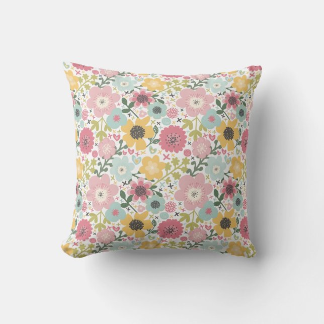 Cojín Decorativo Floral Azul Amarillo Rosa  (Anverso)