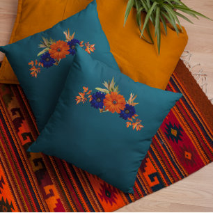Cojín Decorativo Floral azul de la Marina Naranja de otoño rusa