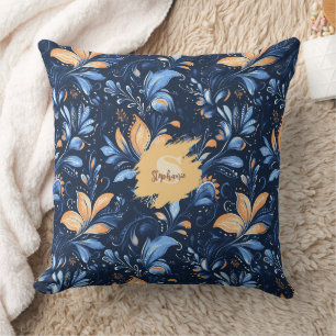 Cojín Decorativo Floral Azul Marino - Floraciones de Melocotón y Vi