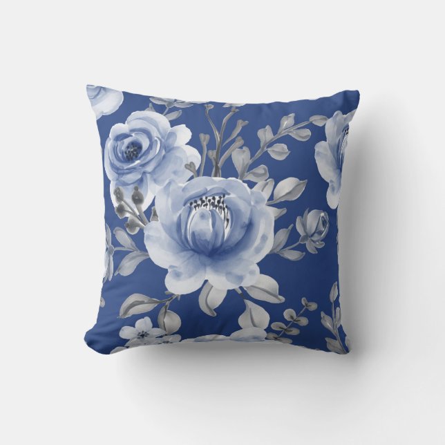 Cojín Decorativo Floral azul marino y elegante acuarela moderna (Anverso)