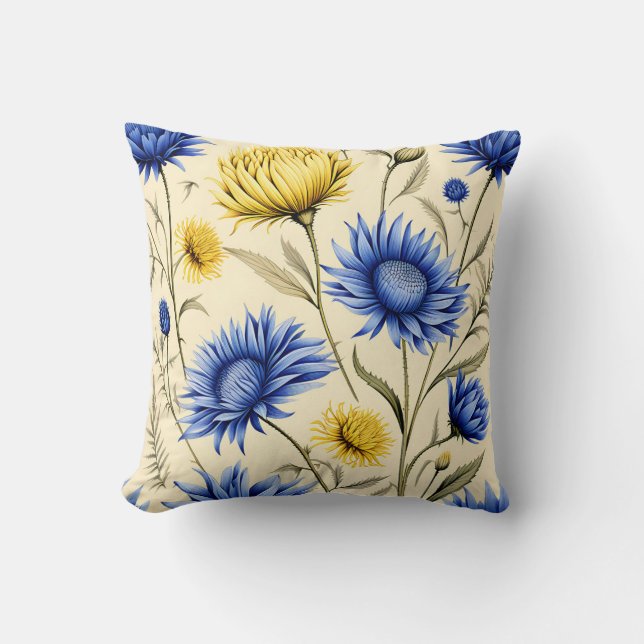 Cojín Decorativo Floral azul y amarillo elegante (Anverso)