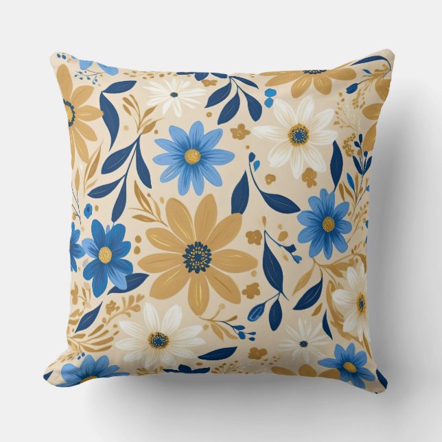 Cojín Decorativo floral azul y dorado (Anverso)