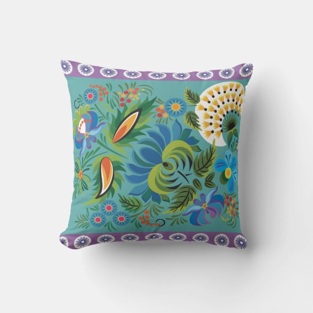 Cojín Decorativo Floral azul y púrpura (Anverso)