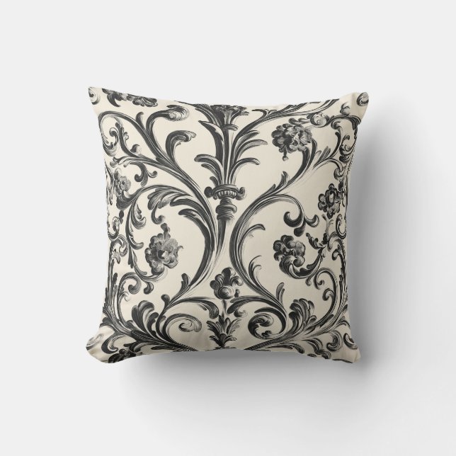 Cojín Decorativo Floral barroca negra en crema (Anverso)