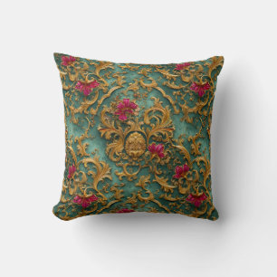 Cojín Decorativo Floral Barroco Esmeralda con Adornos Dorados