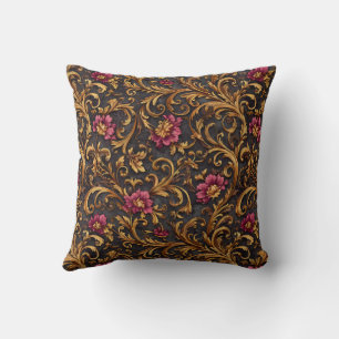 Cojín Decorativo Floral Barroco Oscuro con Roleos de Oro
