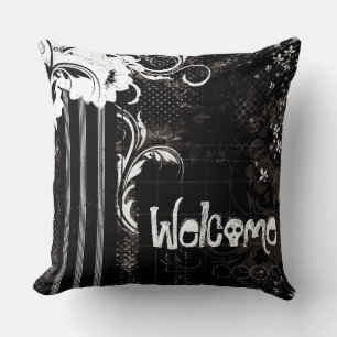 Cojín decorativo Floral blanco negro de bienvenida