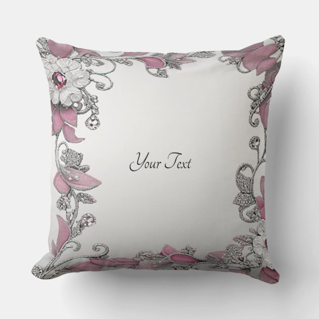 Cojín decorativo floral blanco rosado plateado (Anverso)