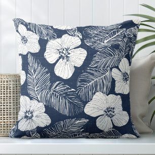 Cojín decorativo floral blanco y azul de la marina