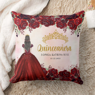 Cojín Decorativo Floral Borgoña Princesa de Oro Tiara Quinceanera