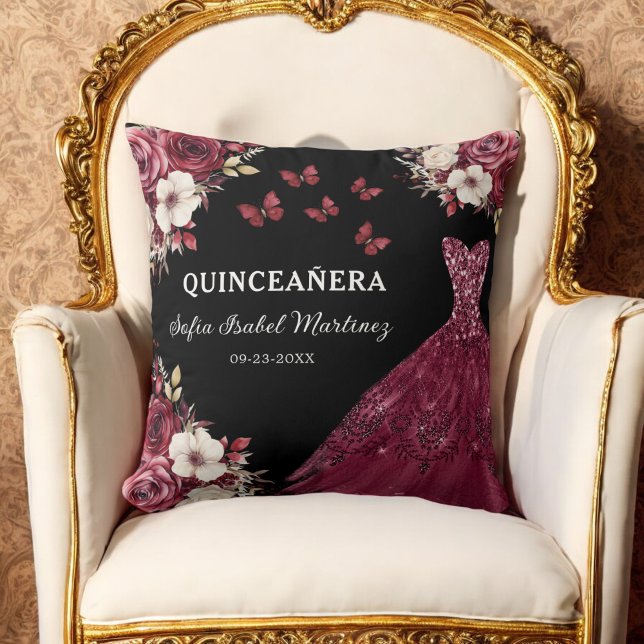 Cojín Decorativo Floral Borgoña Princesa Quinceanera Cumpleaños (Subido por el creador)