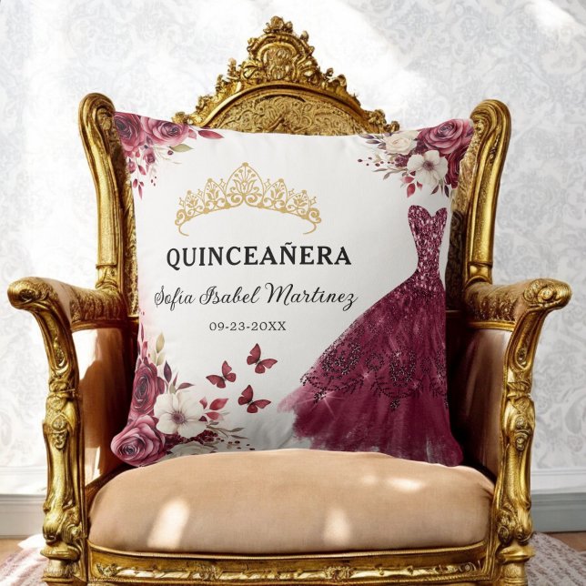 Cojín Decorativo Floral Borgoña Princesa Quinceanera Cumpleaños (Subido por el creador)