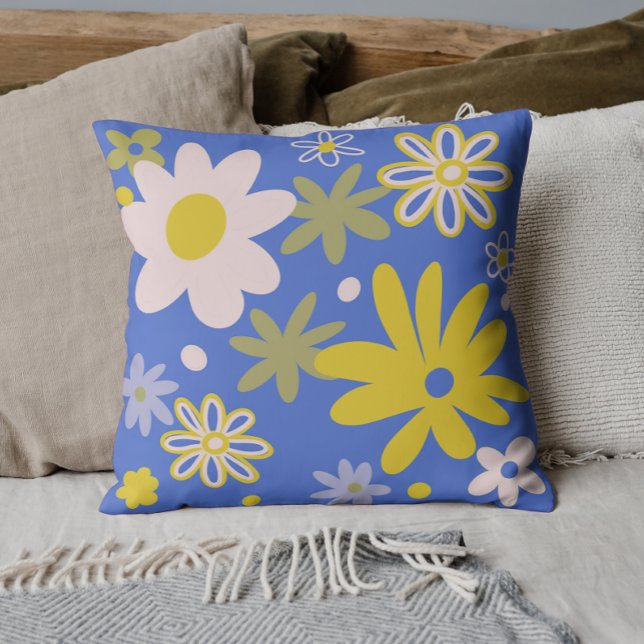 Cojín Decorativo Floral brillante azul y amarillo (Blue and Yellow Bright Floral )