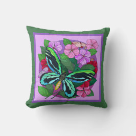 Cojín Decorativo Floral colorida con mariposa; púrpura sobre verde